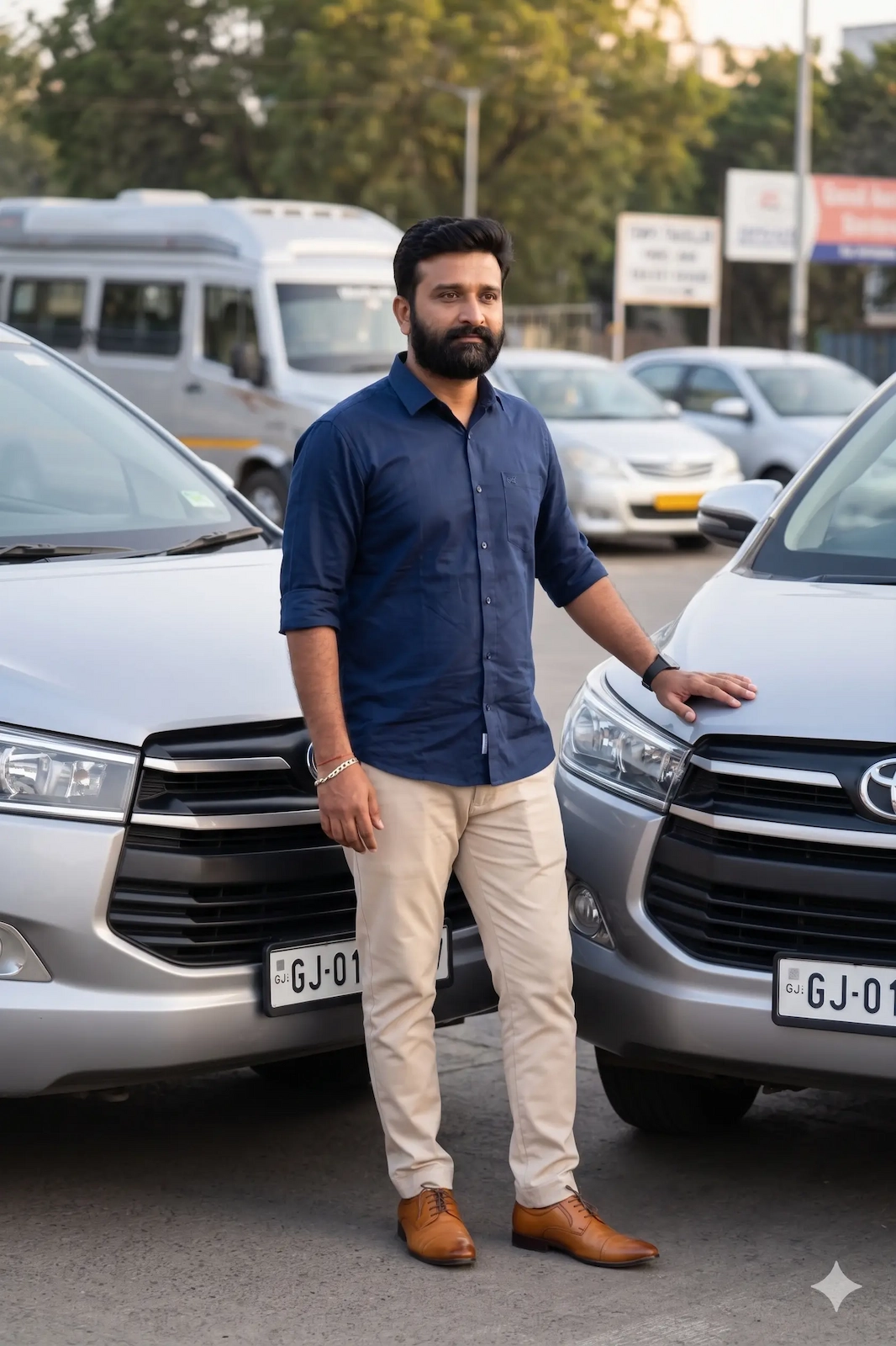 Ronak Dineshbhai Barot, founder of RD Travels, standing with the fleet